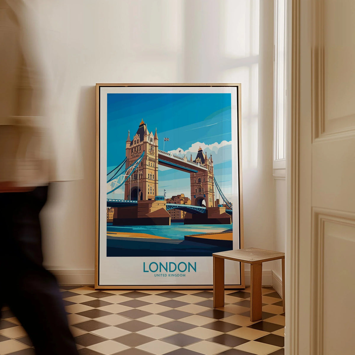 London Poster England as a framed canvas leaning in a hallway with a chequered tiled floor