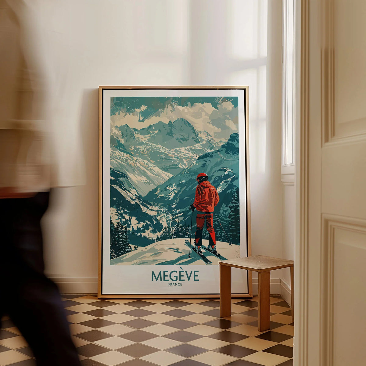 Megève Wall Art - France as a framed canvas leaning in a hallway with a chequered tiled floor