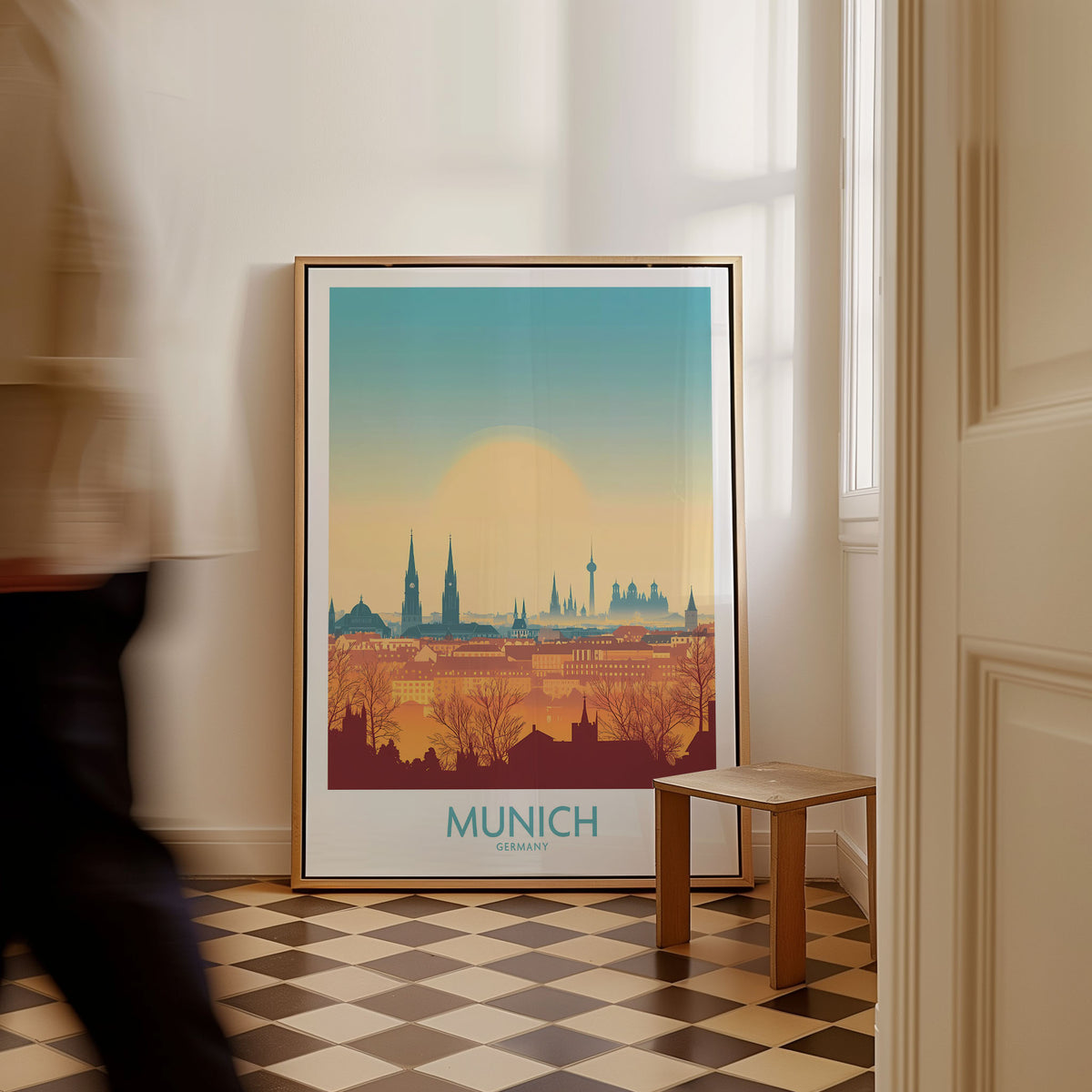 Munich Print Germany as a framed canvas leaning in a hallway with a chequered tiled floor