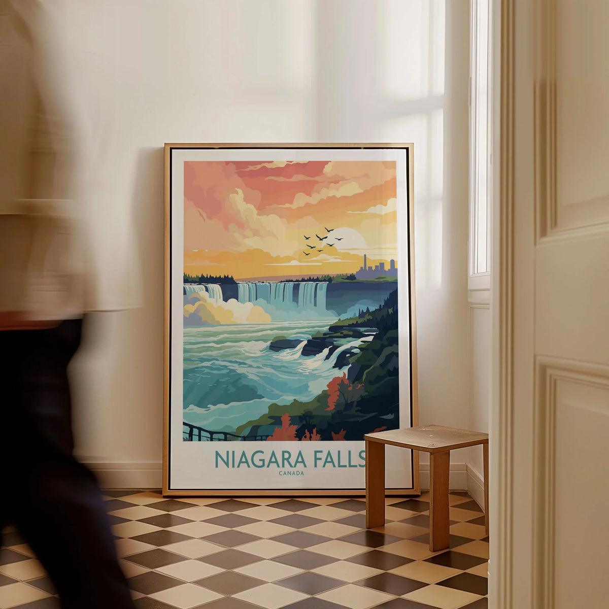 Niagara Falls Poster as a framed canvas leaning in a hallway with a chequered tiled floor