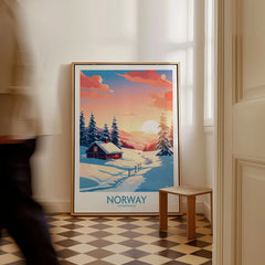 Norway Poster Print as a framed canvas leaning in a hallway with a chequered tiled floor