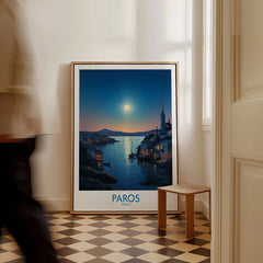 Paros Poster Greece as a framed canvas leaning in a hallway with a chequered tiled floor