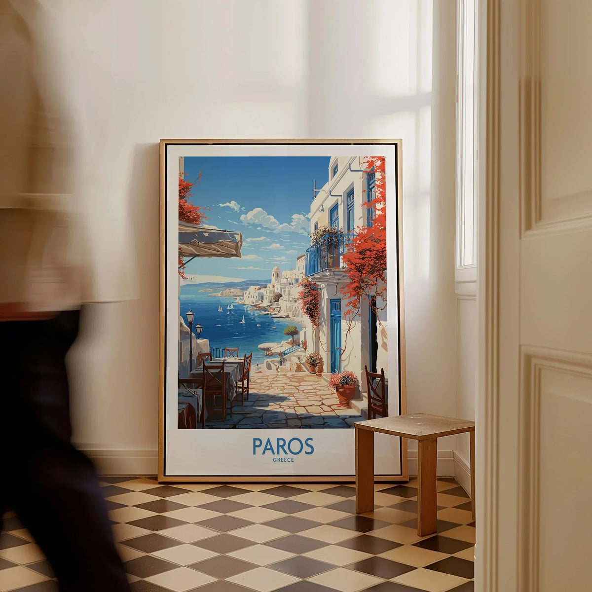 Paros Wall Art Greece as a framed canvas leaning in a hallway with a chequered tiled floor