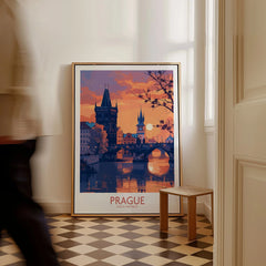 Prague Print as a framed canvas leaning in a hallway with a chequered tiled floor