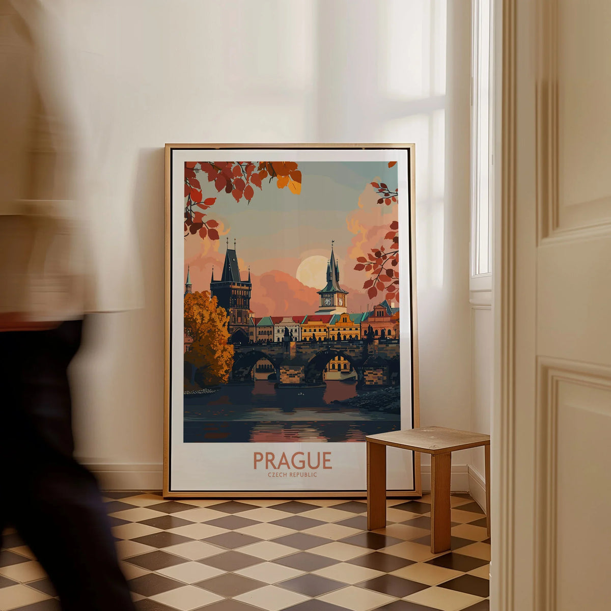 Prague Travel Print as a framed canvas leaning in a hallway with a chequered tiled floor