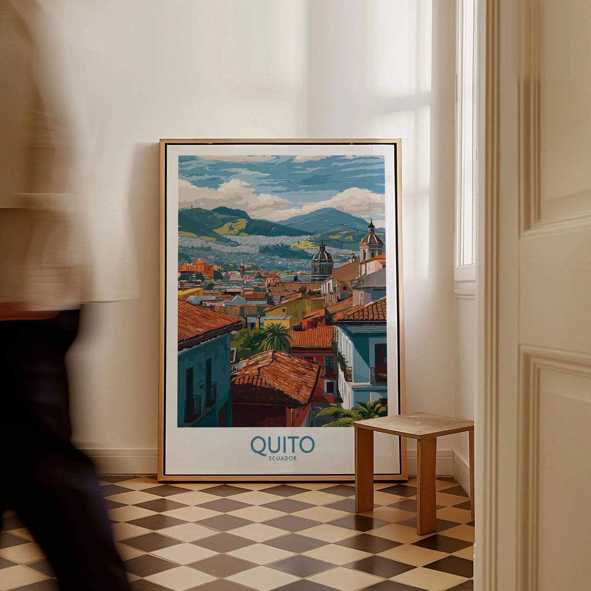 Ecuador Quito Rooftops Travel Poster City View Print Andes Landscape Wall Art South America as a framed canvas leaning in a hallway with a chequered tiled floor