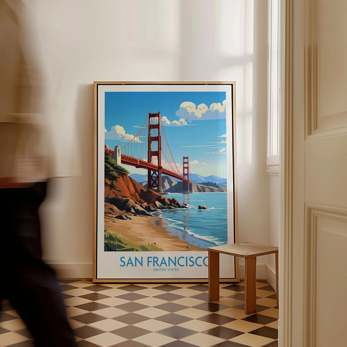 San Francisco Poster as a framed canvas leaning in a hallway with a chequered tiled floor