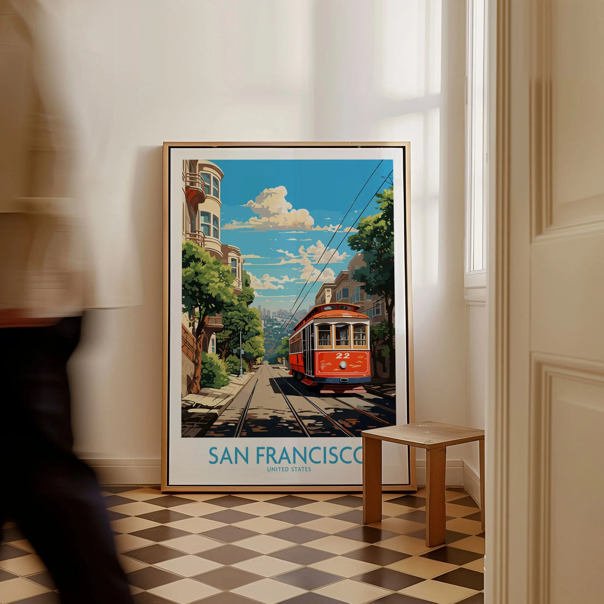 San Francisco Wall Prints as a framed canvas leaning in a hallway with a chequered tiled floor