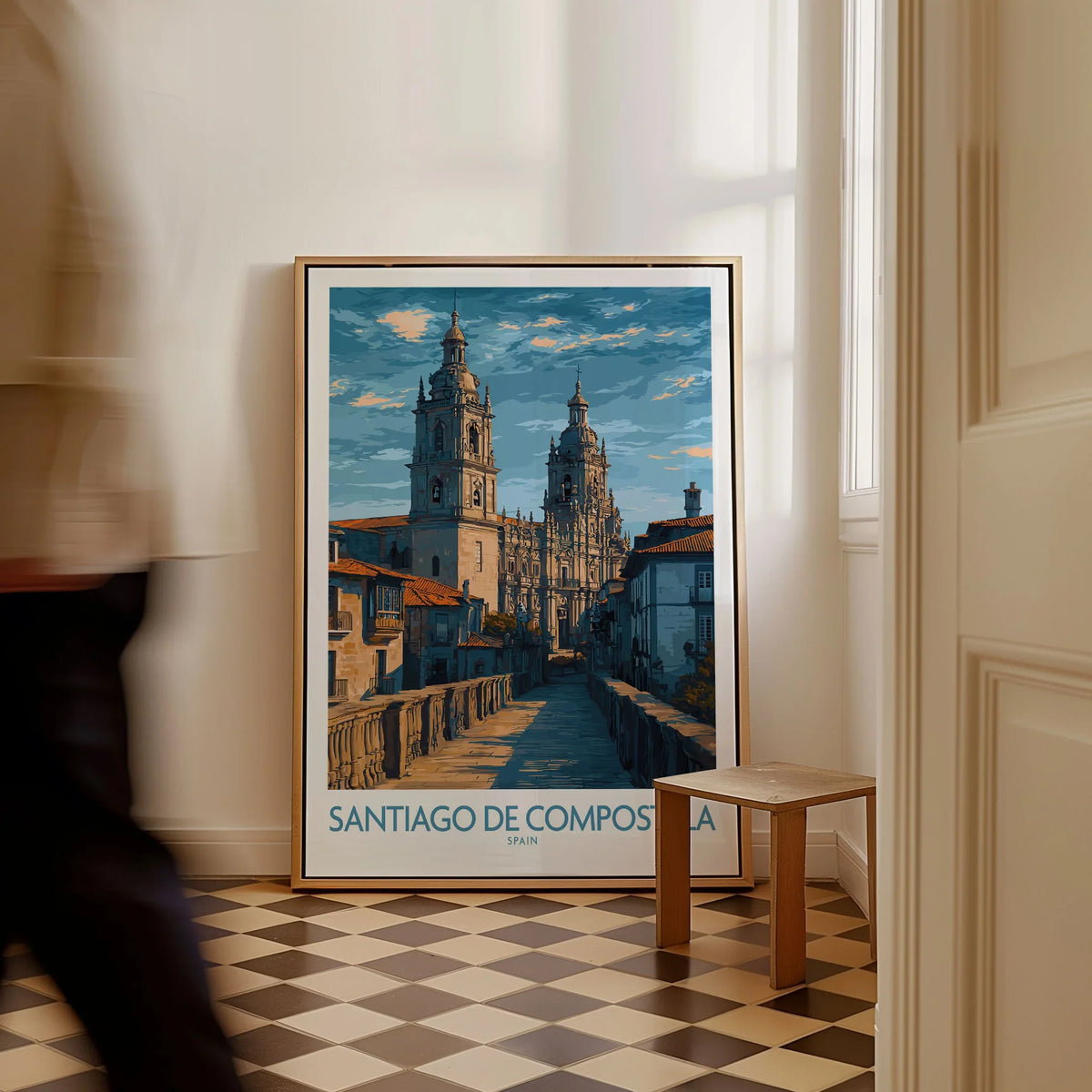 Santiago de Compostela Art Print | Galician Travel Poster as a framed canvas leaning in a hallway with a chequered tiled floor