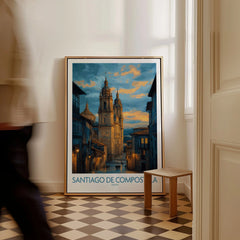 Santiago de Compostela Cathedral Art Print | Cityscape Poster as a framed canvas leaning in a hallway with a chequered tiled floor