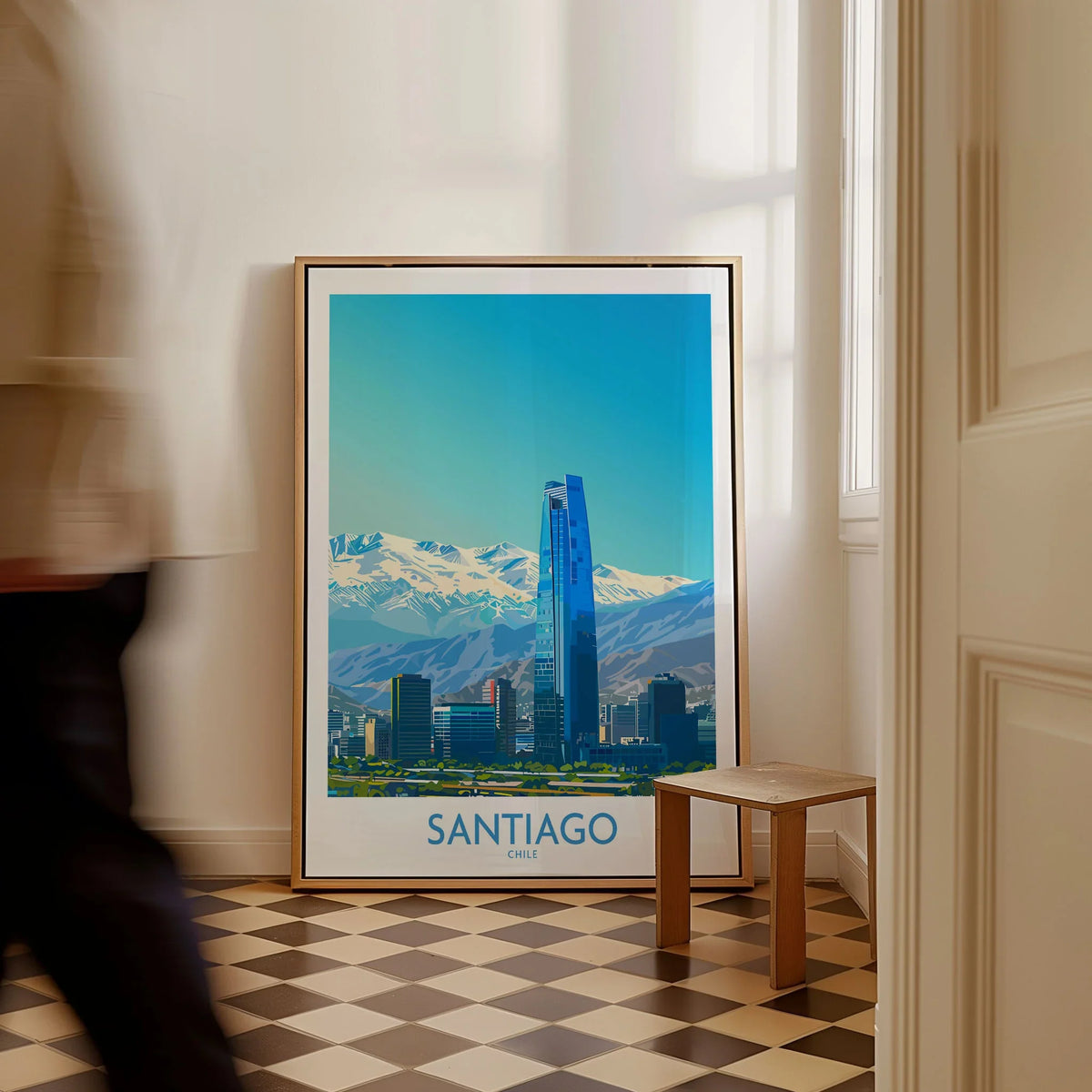 Santiago Wall Art Print - Chile as a framed canvas leaning in a hallway with a chequered tiled floor