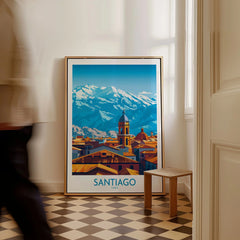 Santiago Wall Art Poster - Chile as a framed canvas leaning in a hallway with a chequered tiled floor