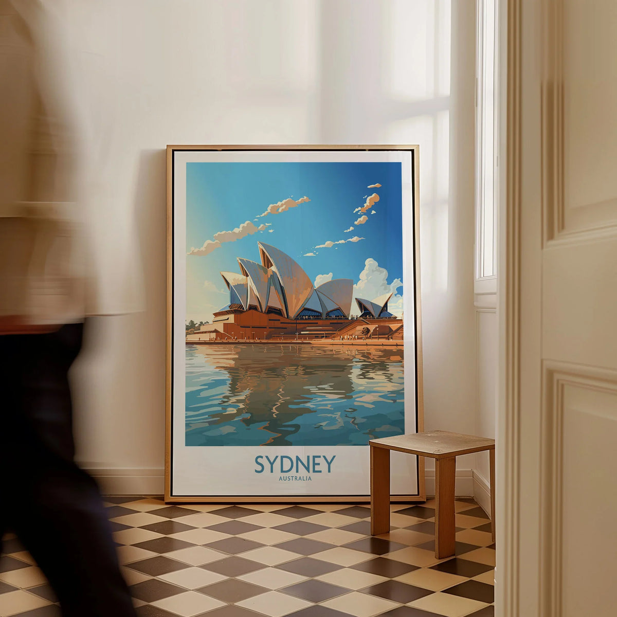 Sydney Print as a framed canvas leaning in a hallway with a chequered tiled floor