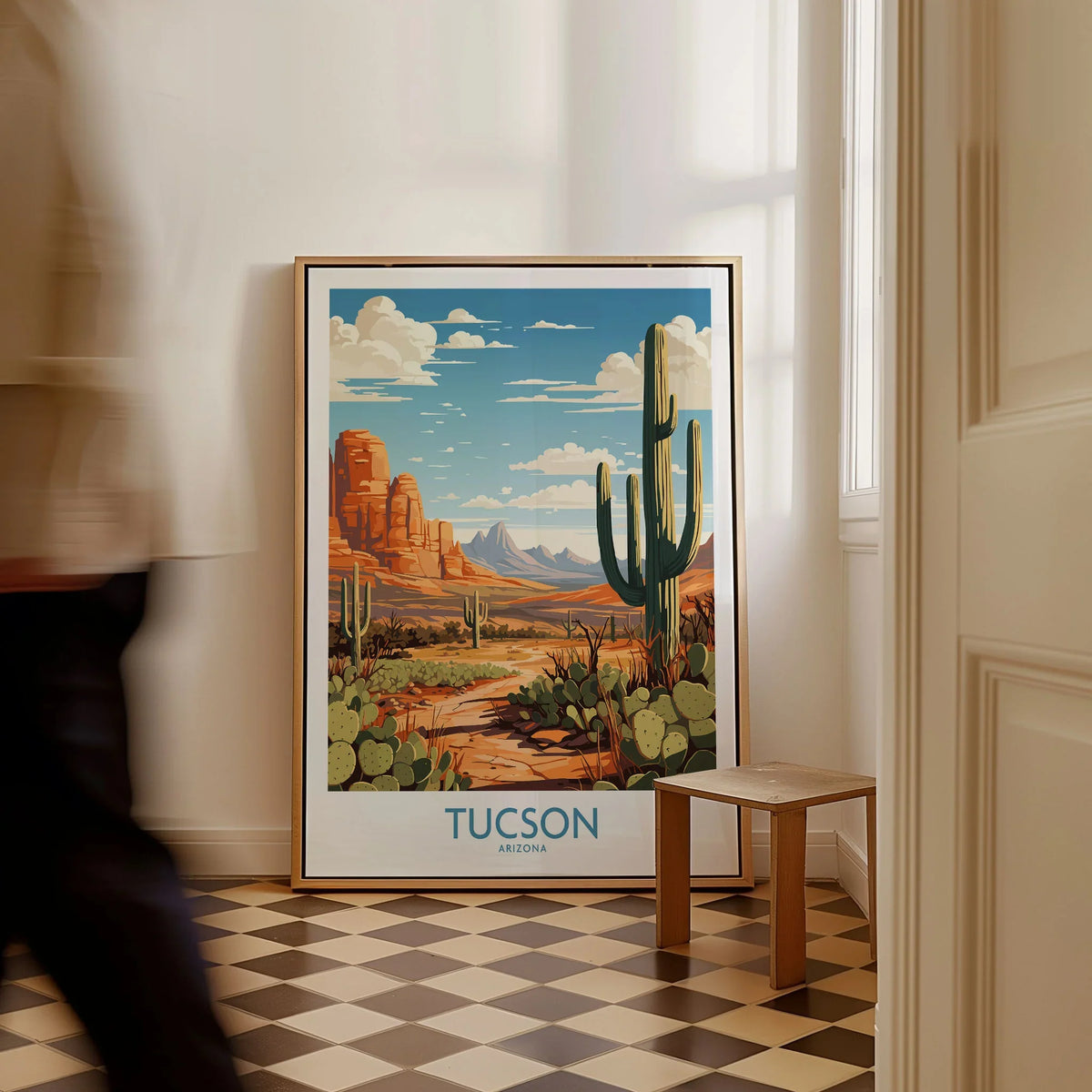 Tucson Arizona Wall Art as a framed canvas leaning in a hallway with a chequered tiled floor