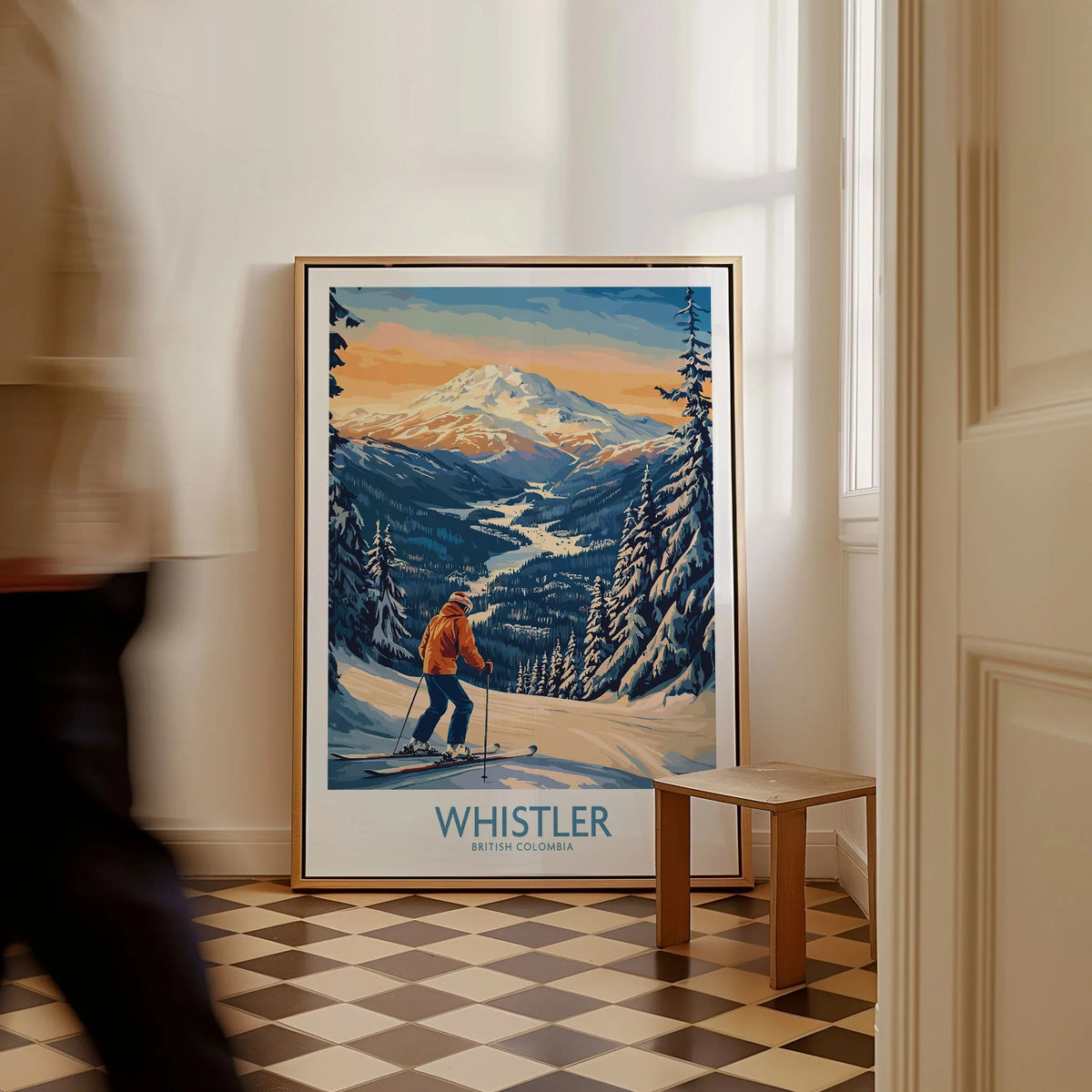 Whistler Ski Print - British Columbia as a framed canvas leaning in a hallway with a chequered tiled floor
