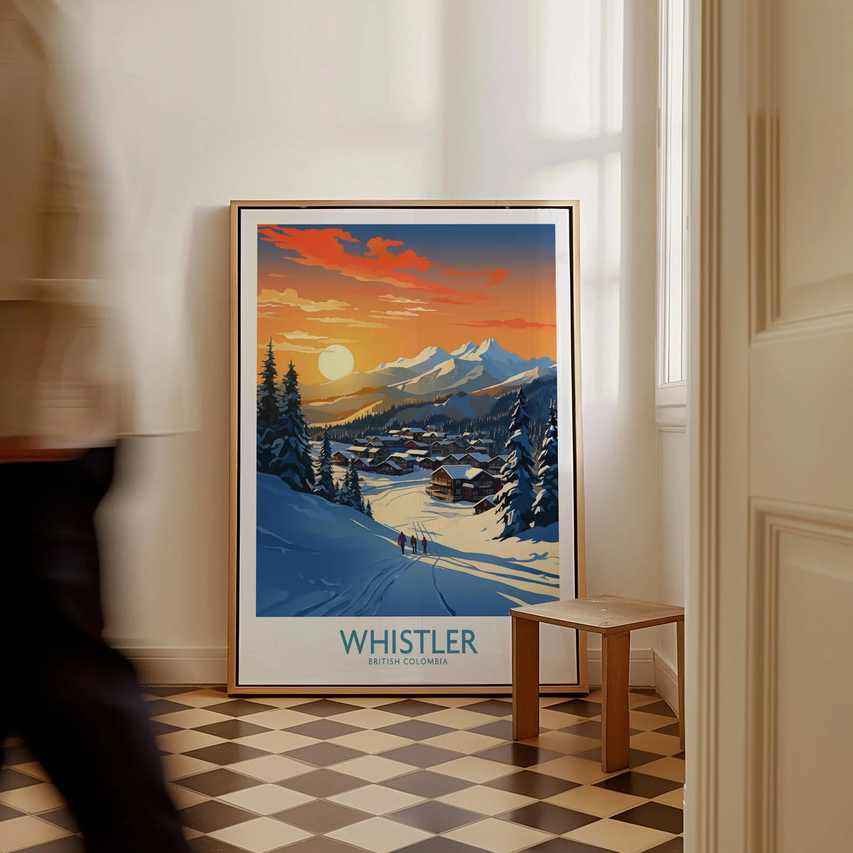 Whistler Wall Art Ski Poster as a framed canvas leaning in a hallway with a chequered tiled floor