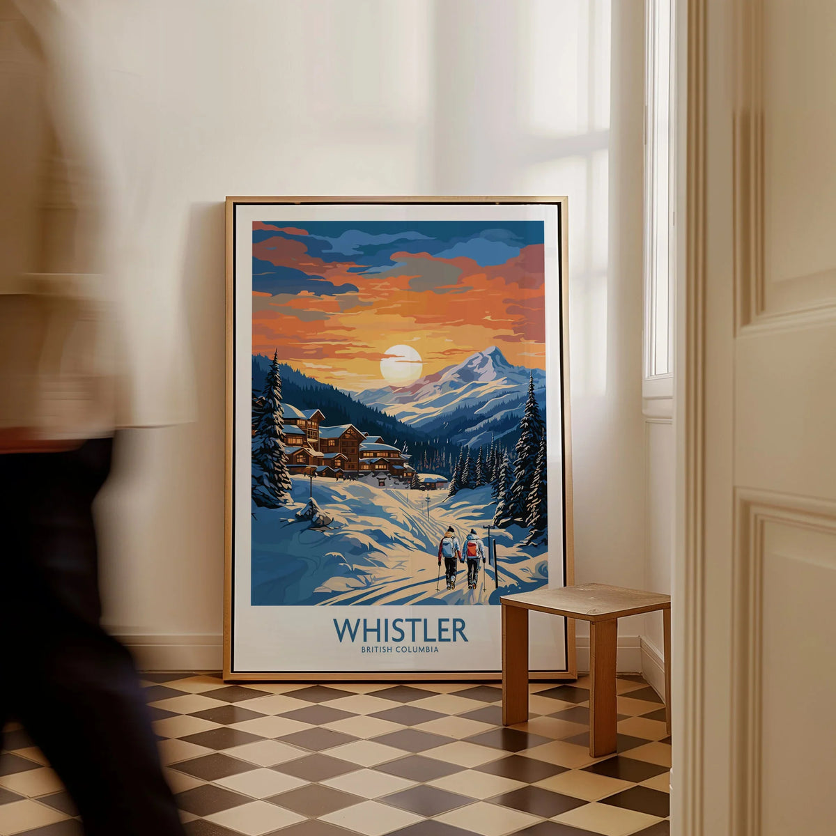Whistler Print as a framed canvas leaning in a hallway with a chequered tiled floor