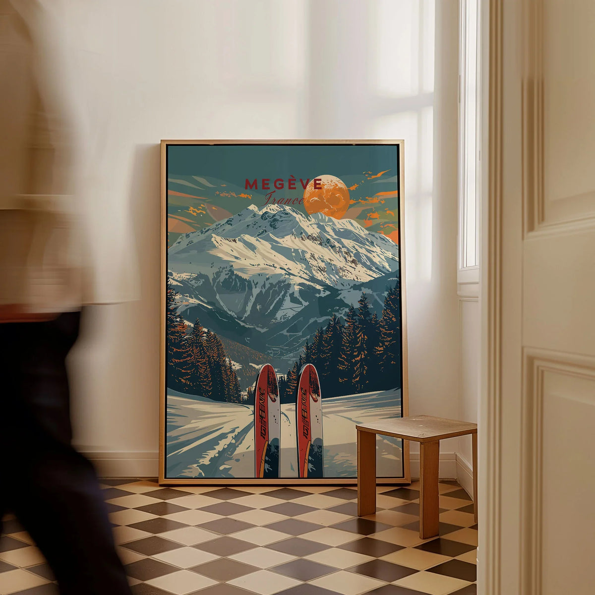Megève Travel Poster - France as a framed canvas leaning in a hallway with a chequered tiled floor