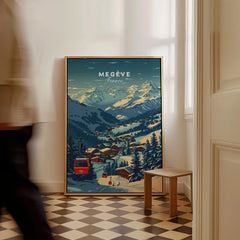 Megève Print France Ski Poster as a framed canvas leaning in a hallway with a chequered tiled floor