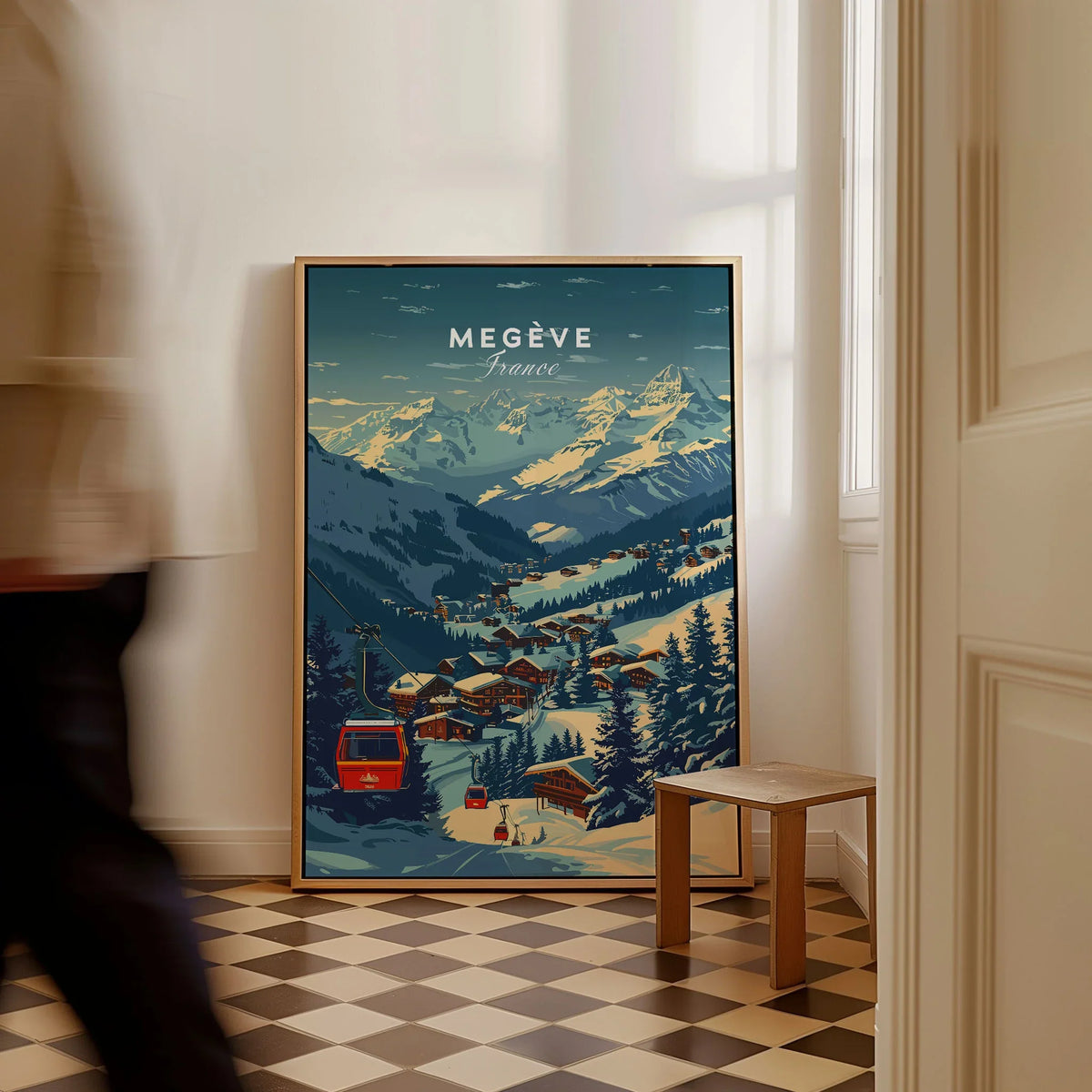 Megève Print France Ski Poster as a framed canvas leaning in a hallway with a chequered tiled floor