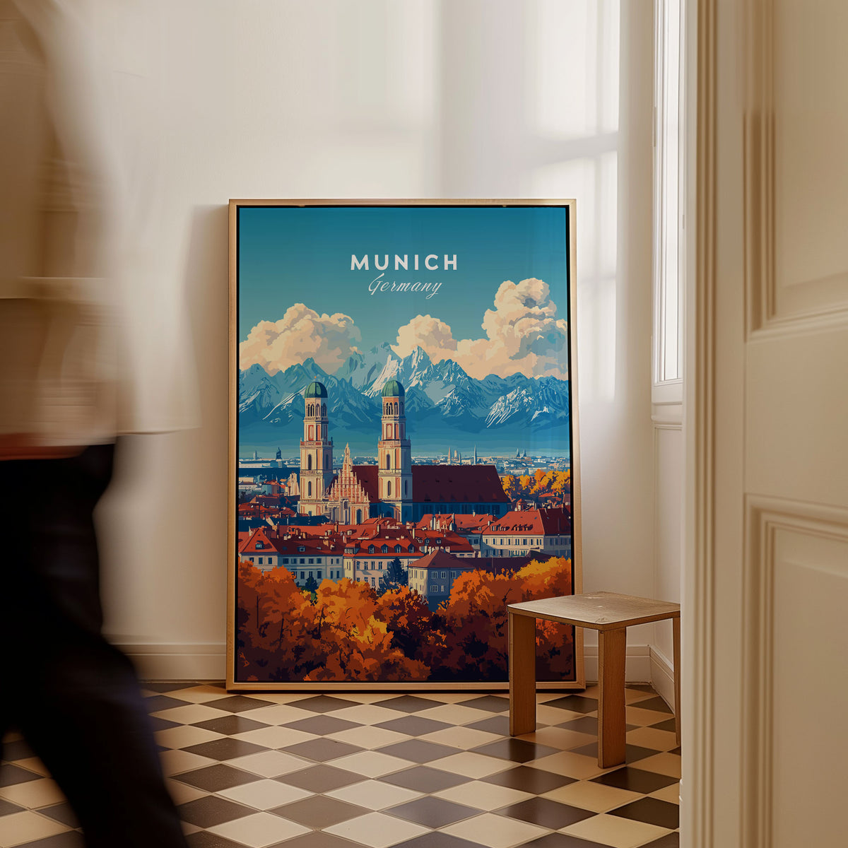 Munich Travel Print as a framed canvas leaning in a hallway with a chequered tiled floor