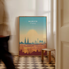 Munich Wall Art as a framed canvas leaning in a hallway with a chequered tiled floor