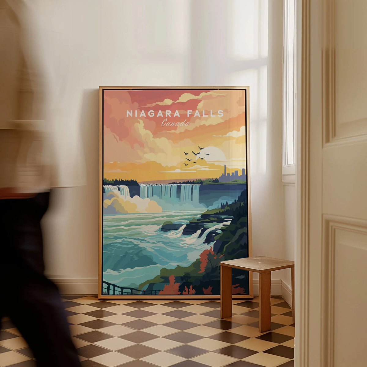 Niagara Falls Print as a framed canvas leaning in a hallway with a chequered tiled floor