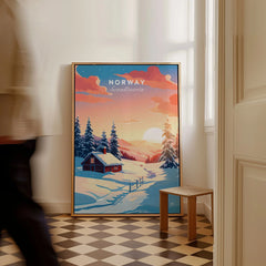 Norway Art Print as a framed canvas leaning in a hallway with a chequered tiled floor