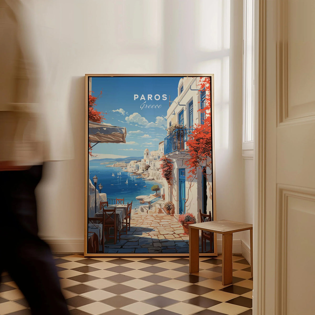 Paros Travel Poster as a framed canvas leaning in a hallway with a chequered tiled floor