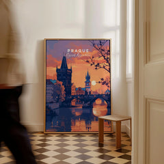 Prague Poster as a framed canvas leaning in a hallway with a chequered tiled floor