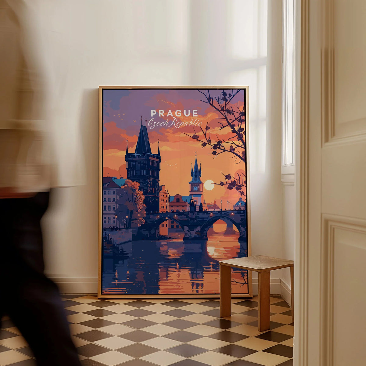 Prague Poster as a framed canvas leaning in a hallway with a chequered tiled floor