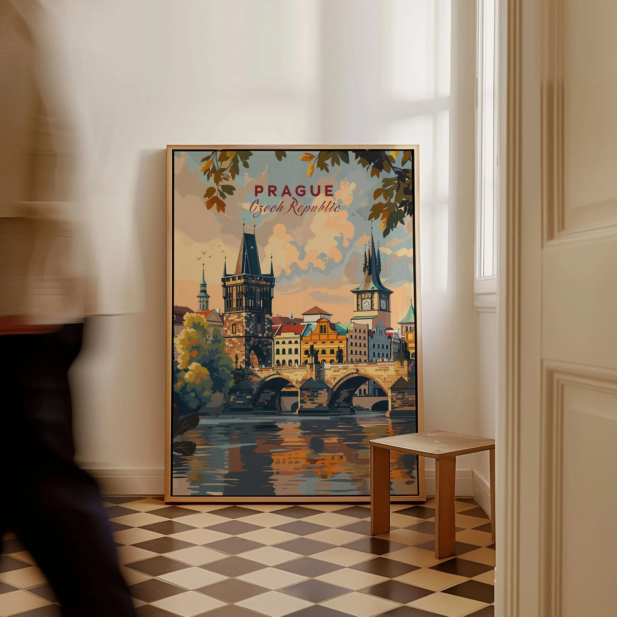 Prague Wall Art as a framed canvas leaning in a hallway with a chequered tiled floor