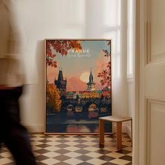 Prague Art Print as a framed canvas leaning in a hallway with a chequered tiled floor