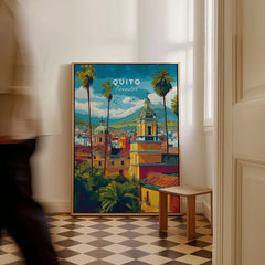 Quito Ecuador Travel Poster Cityscape Print Churches Palm Trees Andes Wall Art Decor as a framed canvas leaning in a hallway with a chequered tiled floor