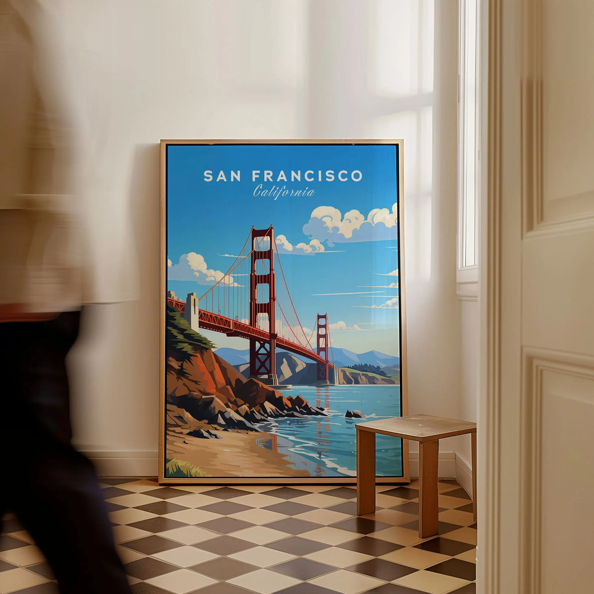 San Francisco Print as a framed canvas leaning in a hallway with a chequered tiled floor
