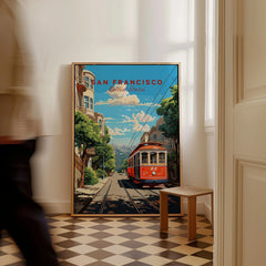 San Francisco Wall Art as a framed canvas leaning in a hallway with a chequered tiled floor