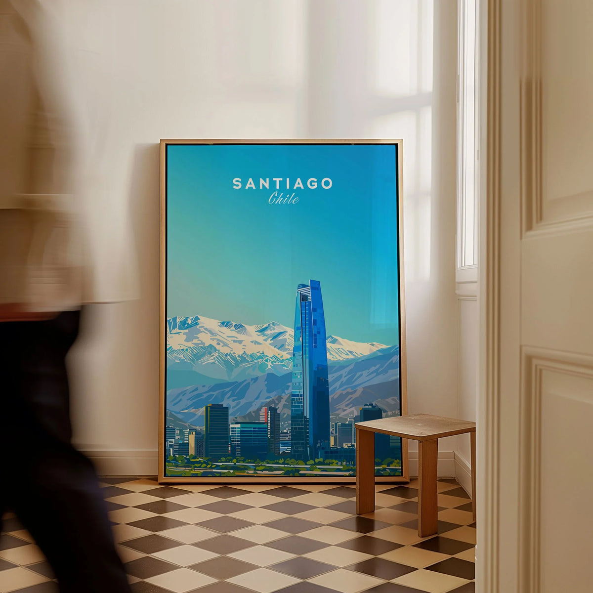 Santiago Travel Poster - Chile as a framed canvas leaning in a hallway with a chequered tiled floor