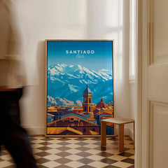 Santiago Travel Print - Chile Poster as a framed canvas leaning in a hallway with a chequered tiled floor