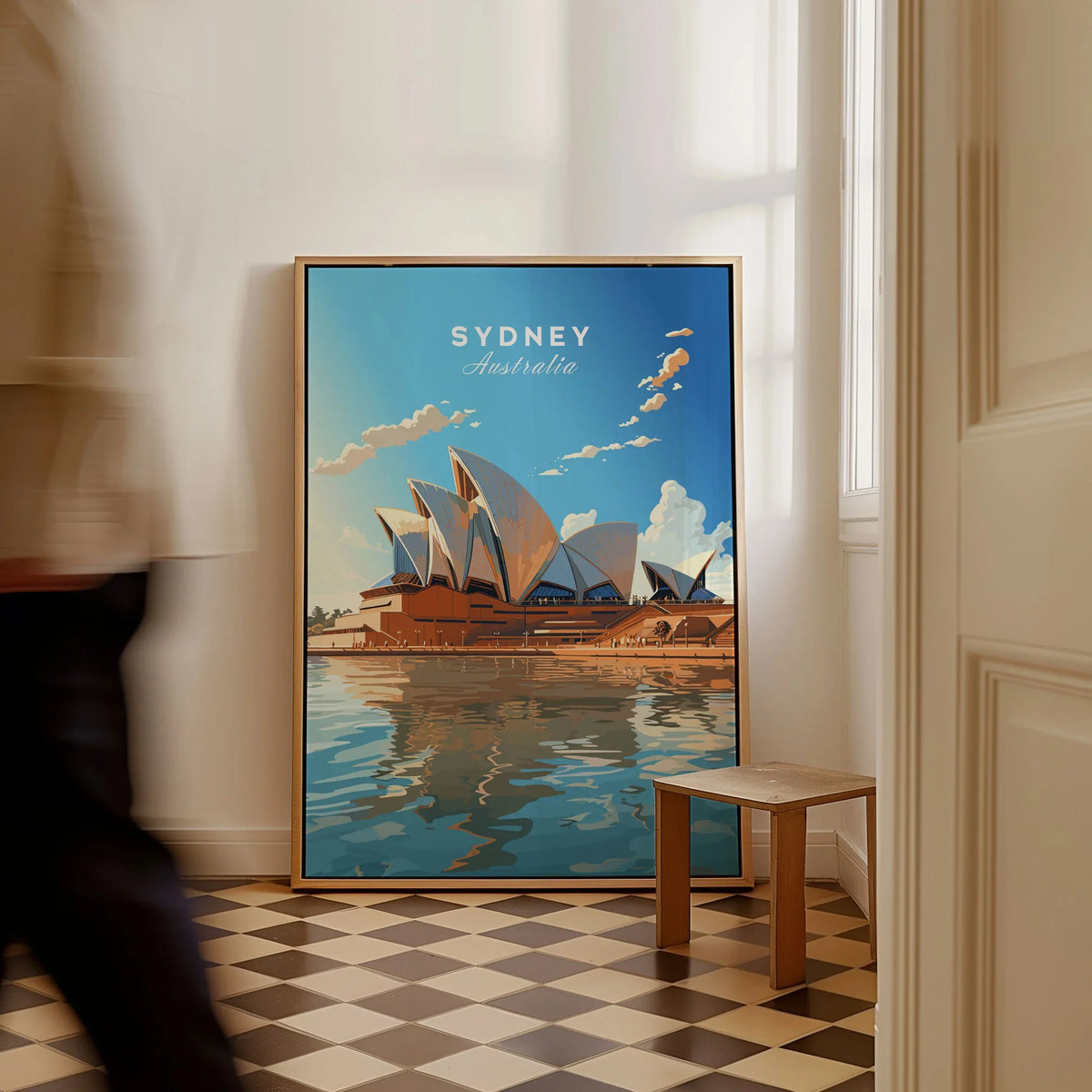 Sydney Poster Australia as a framed canvas leaning in a hallway with a chequered tiled floor