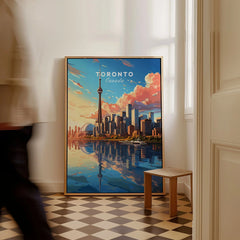Toronto Poster as a framed canvas leaning in a hallway with a chequered tiled floor