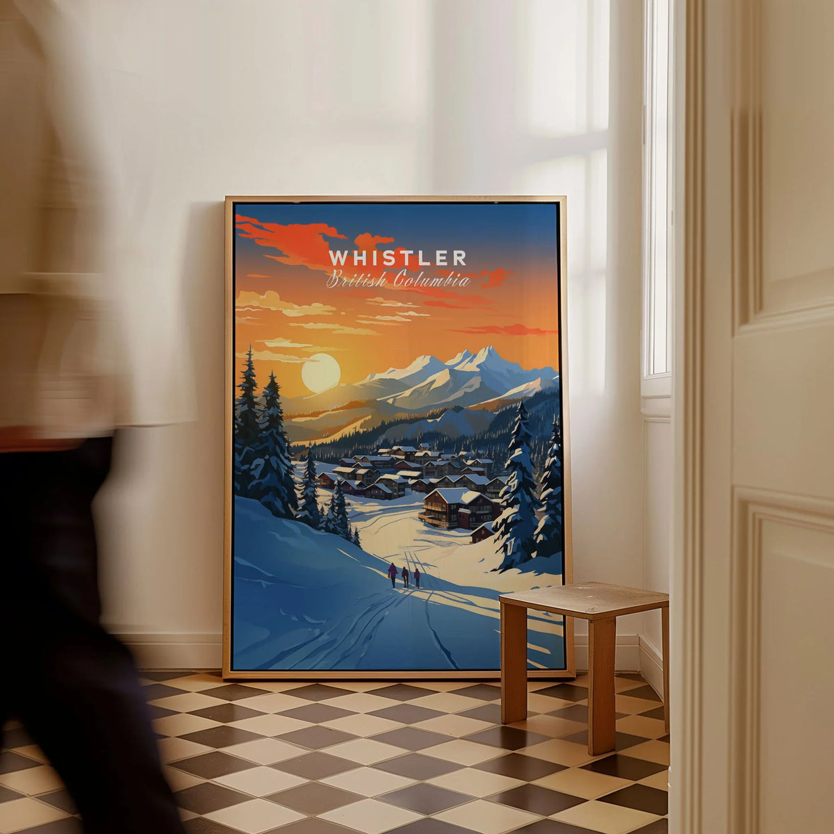 Whistler Wall Art Ski Print as a framed canvas leaning in a hallway with a chequered tiled floor