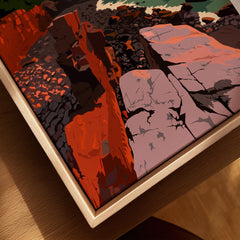 Closeup of framed canvas wall art with natural wood floating frame, featuring rocky landscape illustration.