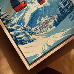 Alpe d'Huez Print France showcasing a vibrant winter landscape with gondolas in the snow-covered mountains.
