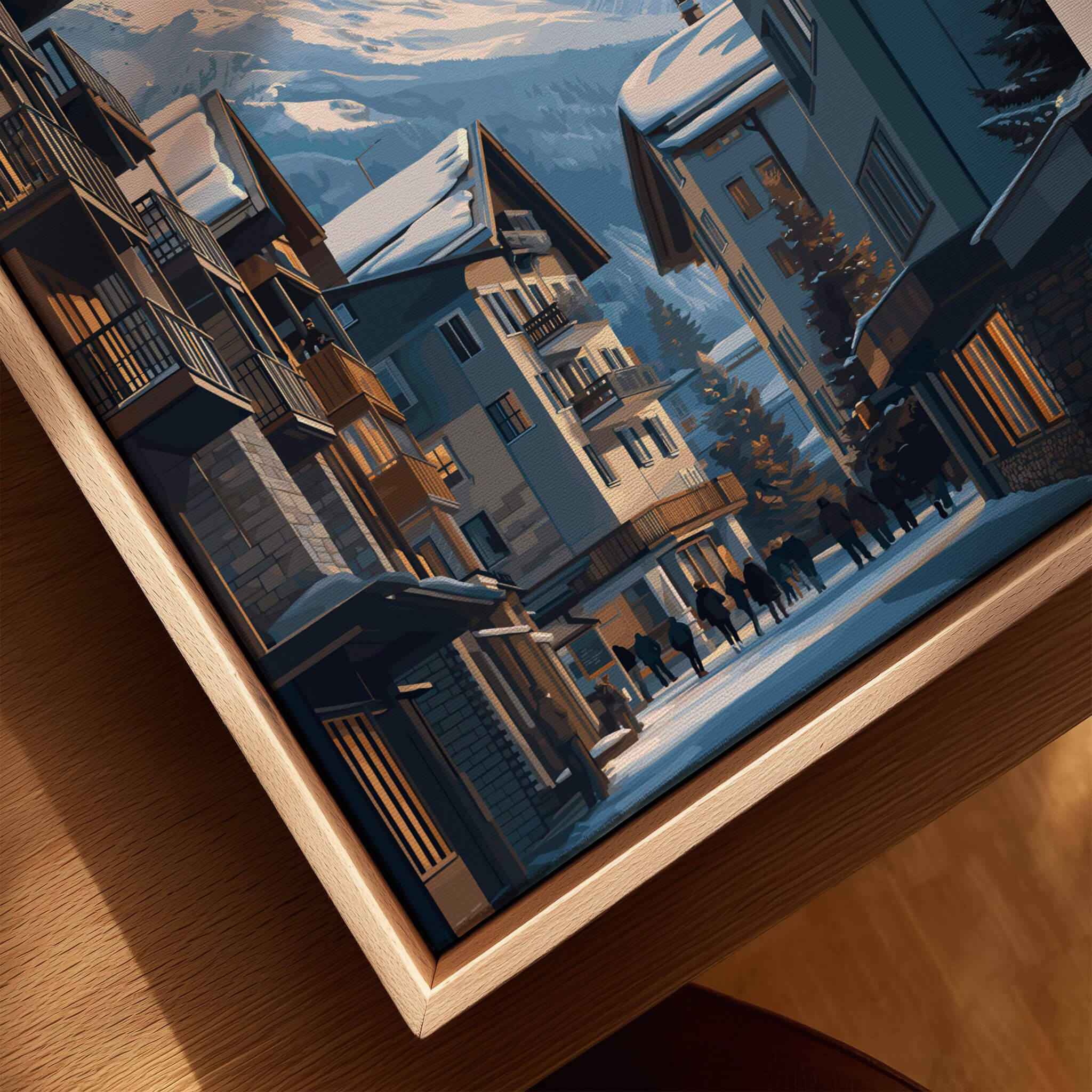 Andermatt Travel Poster – Swiss Alps Winter Village and Chalet Print showcasing charming chalets and snow-covered streets.