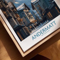 Andermatt Switzerland Wall Art Print featuring traditional Alpine architecture and scenic mountain views.