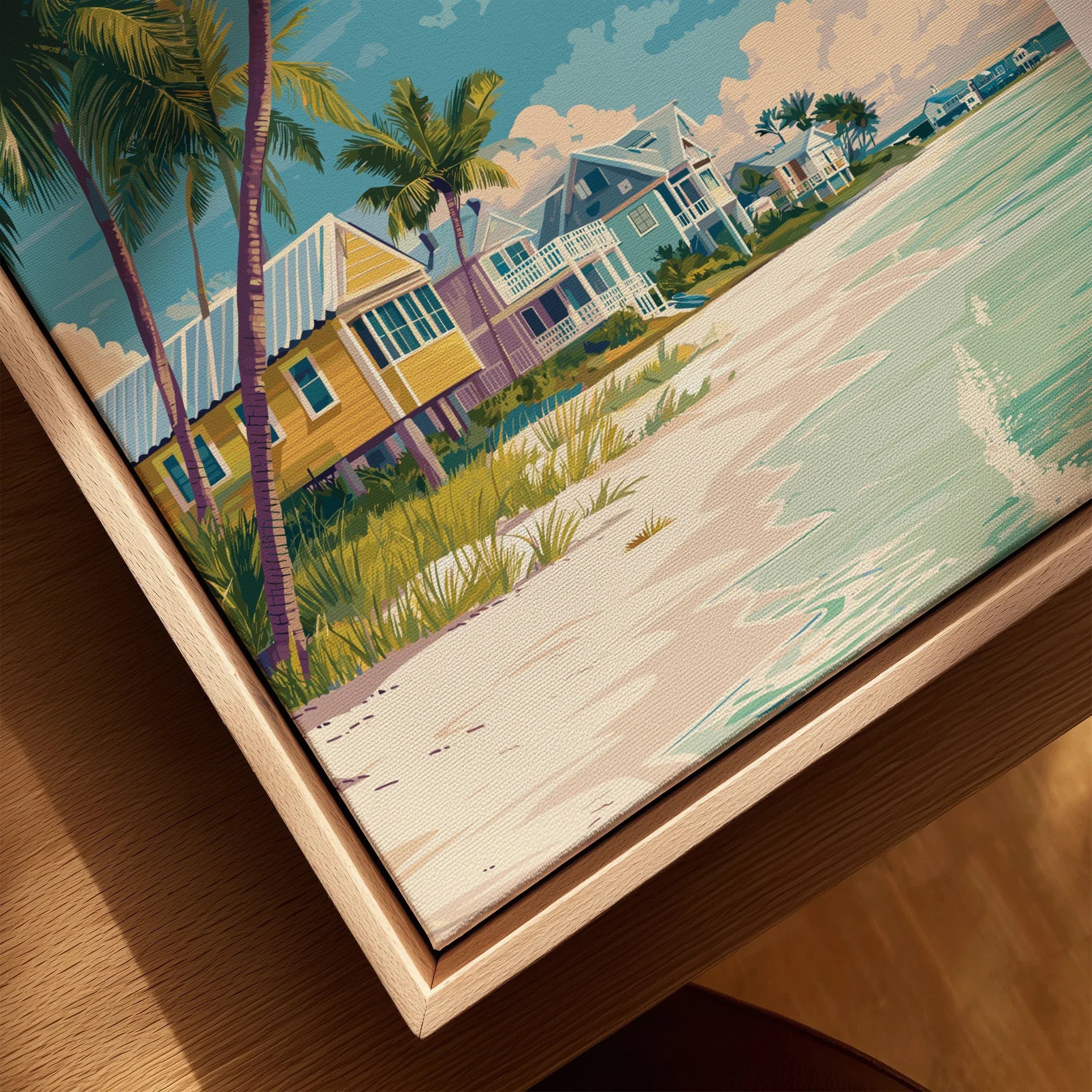 Close-up of framed canvas beach house art with palm trees and sandy shoreline