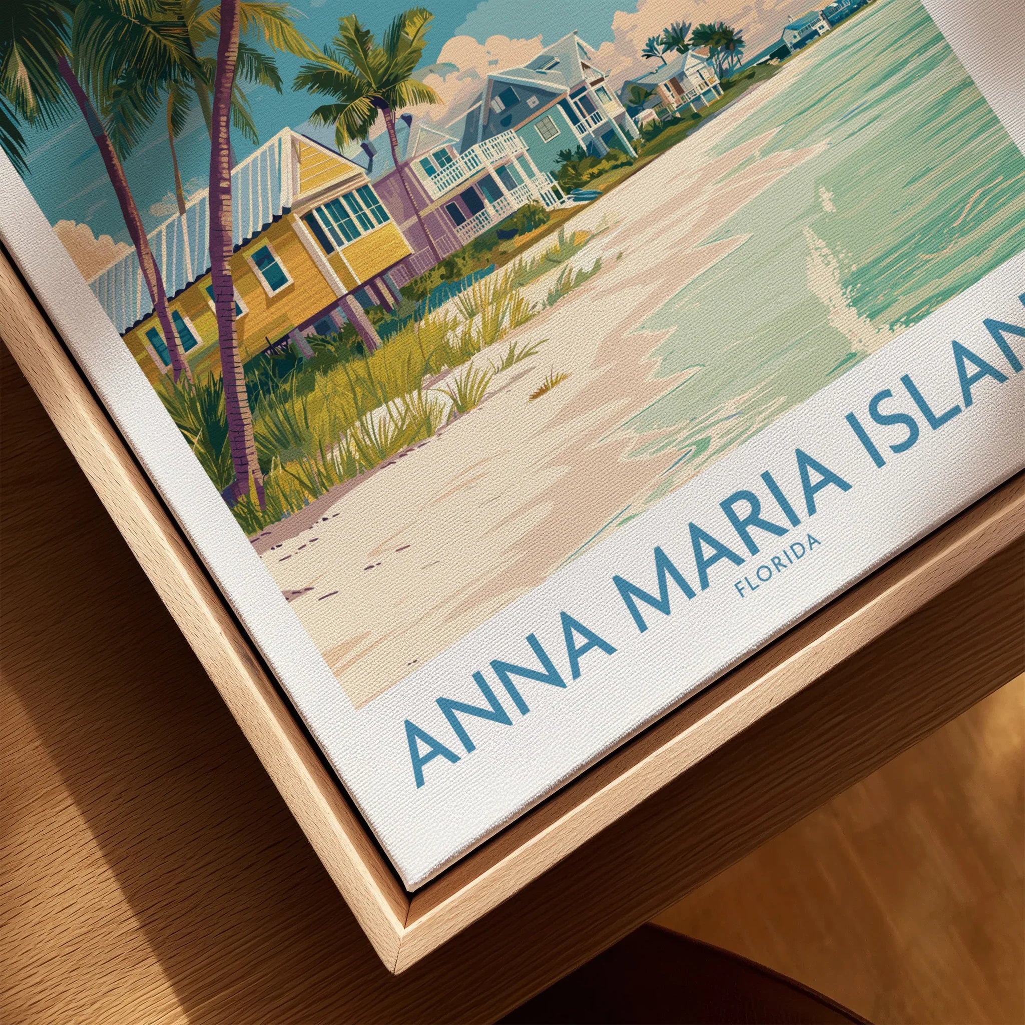 Framed canvas wall art of Anna Maria Island Florida beach houses and palm trees close-up