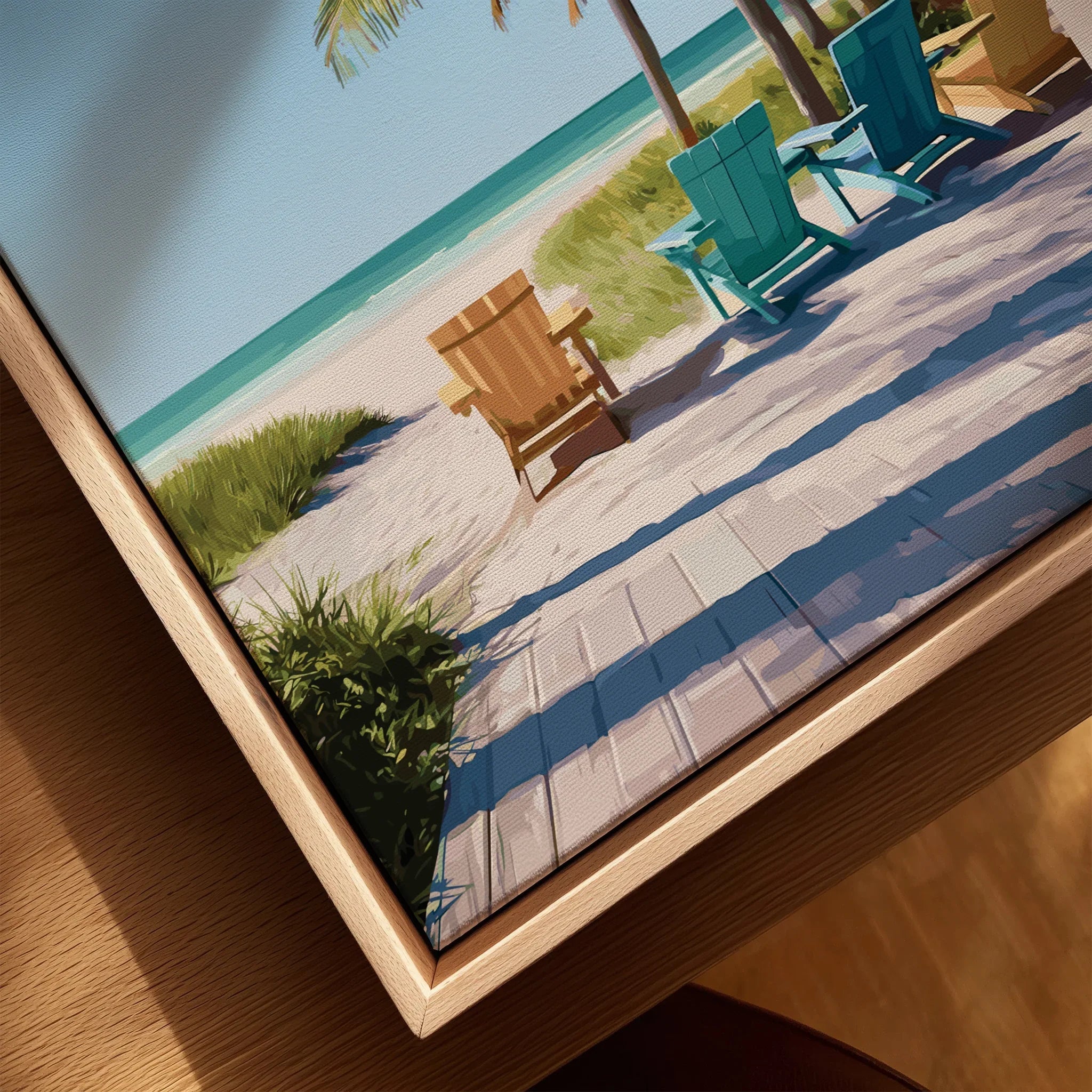 Close-up of a framed canvas art print showing colorful beach chairs, boardwalk, and ocean view.