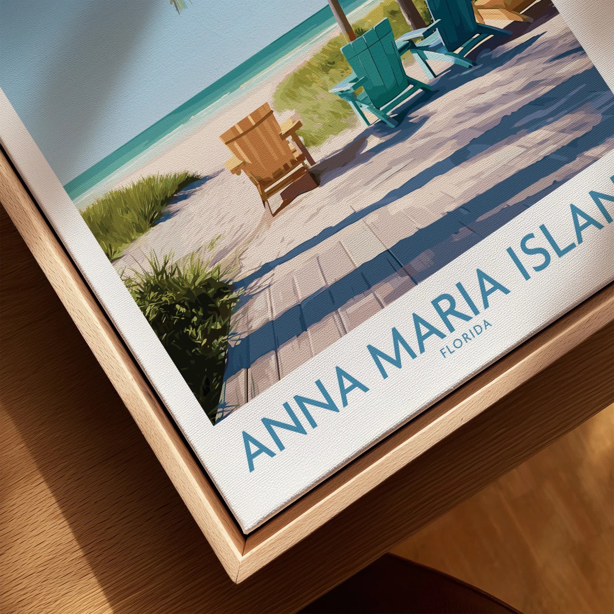 Anna Maria Island Florida travel poster in natural wood floating frame, beach scene artwork