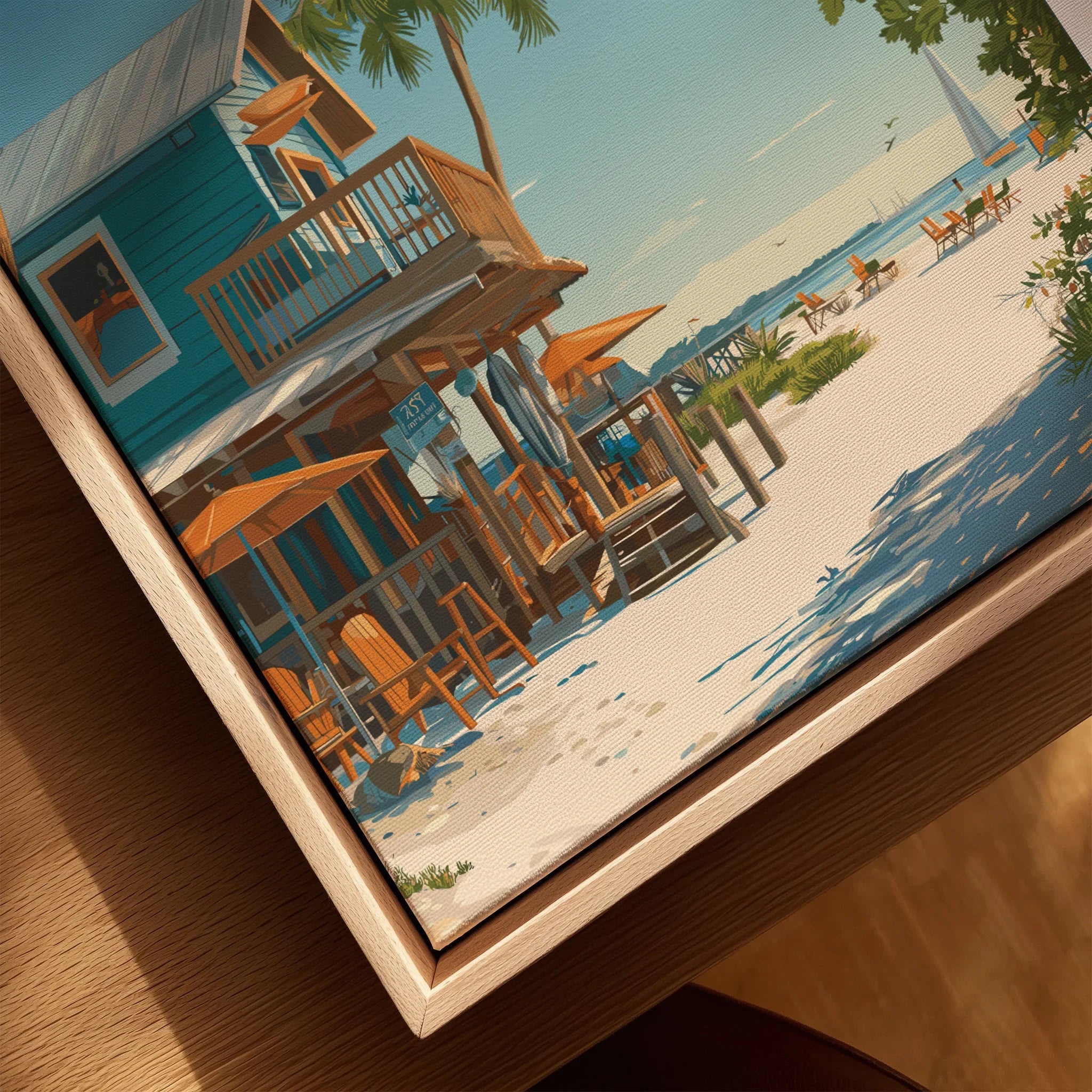 Closeup of framed canvas beach house wall art with natural wood floating frame